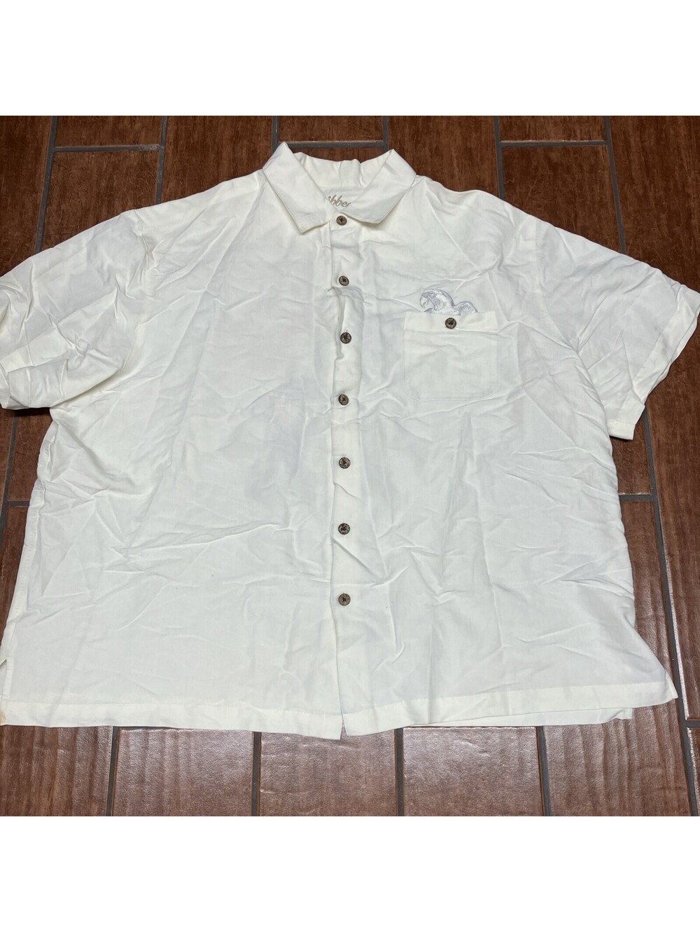Caribbean Men's Short Sleeve Button-Up Shirt 2XL Off White Embroidered